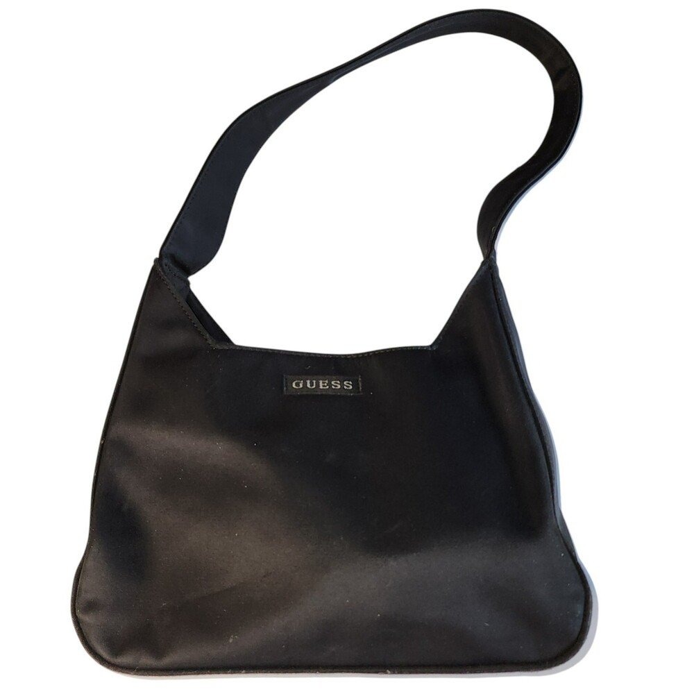 Guess Black Nylon Satin Shoulder Bag Mini Hobo Baguette Y2K 90s Minimalist Vinta